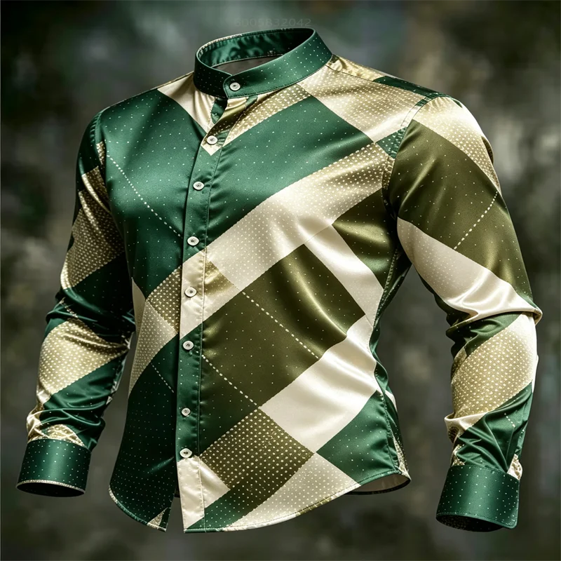 Fashion Navy White Geometric Plaid Men Satin Shirt Long Sleeve Mandarin Collar Male Wedding Banquet Party Formal Dress Tops