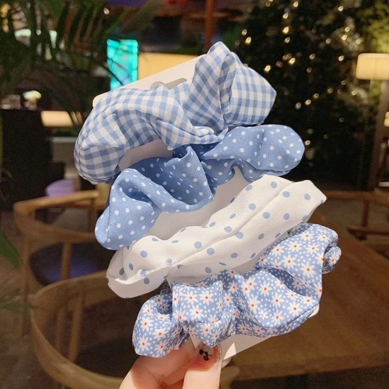 Korea Fashion Women Hair Scrunchie Elastic Hairbands Bule Plaid Ponytail Holder Dot Floral Printed Hair Ties Hair Accessories