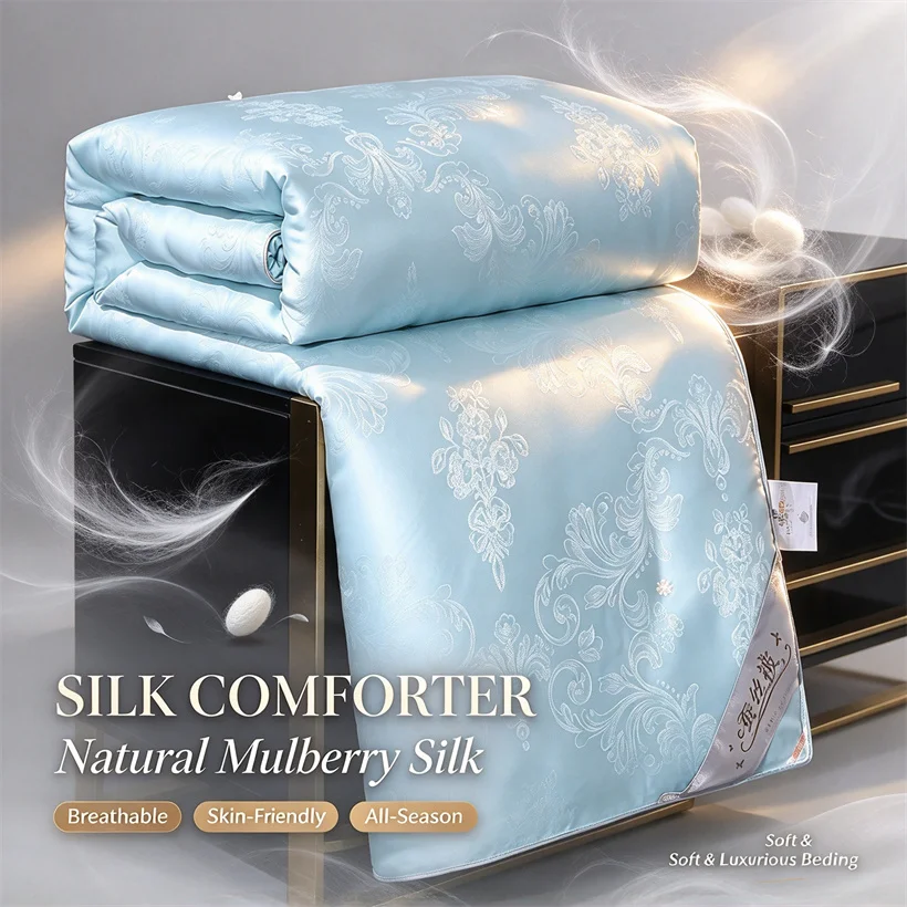 Luxury Mulberry Silk Quilt, 100% Cotton Jacquard Shell, Natural Long Silk Filling Duvet Insert, All Season Soft Warm Comforter
