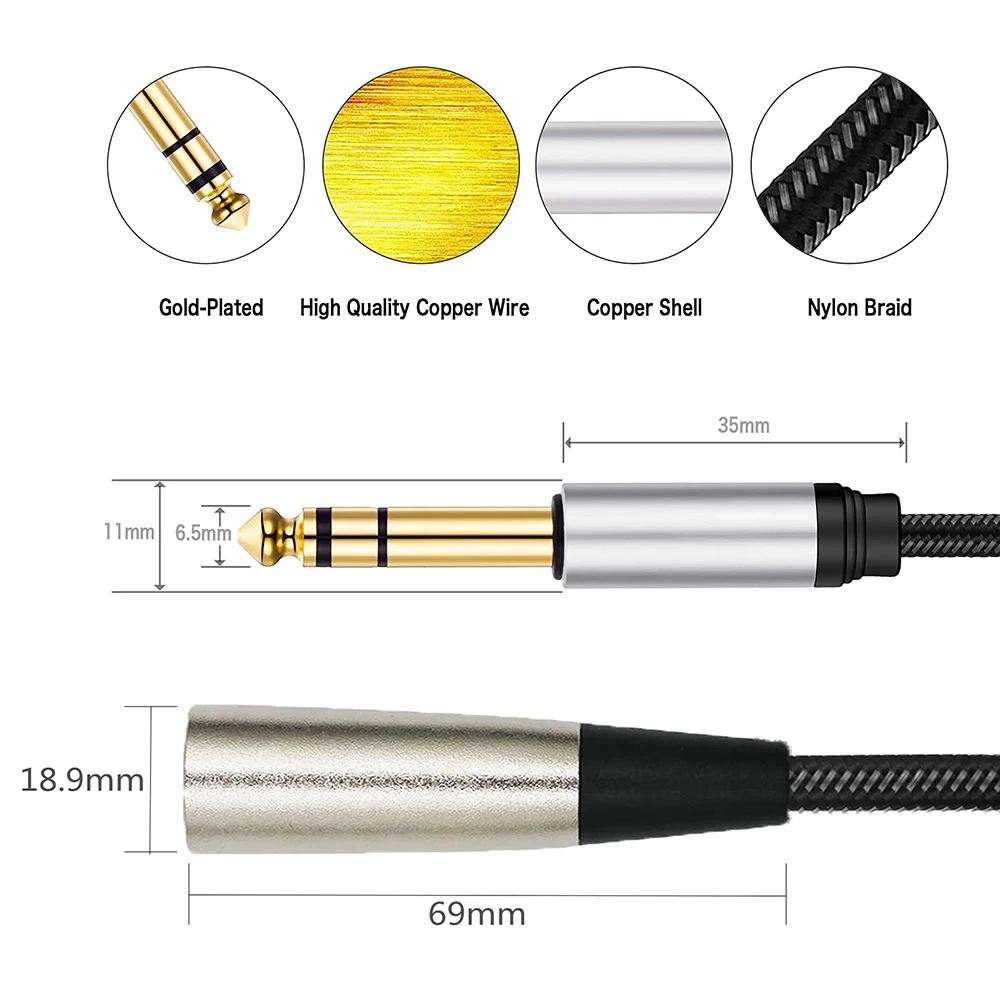 Nku XLR(3 핀)-1/4 인치 잭 TRS 케이블, 6.5mm 수-XLR 수 스테레오 균형 케이블, 기타 스피커 믹스용 상호 연결 코드