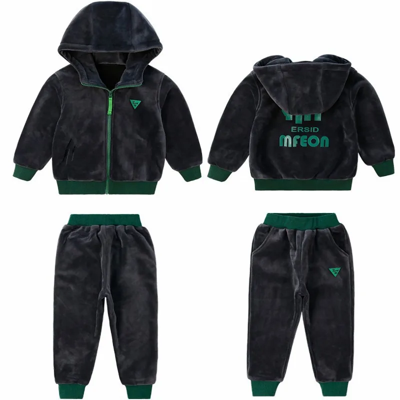 2PCS Children Clothing Set Double-sided Velvet Fashion Letter Hoodies Coat +Pants Kids Boys Tracksuit for Autumn Winter