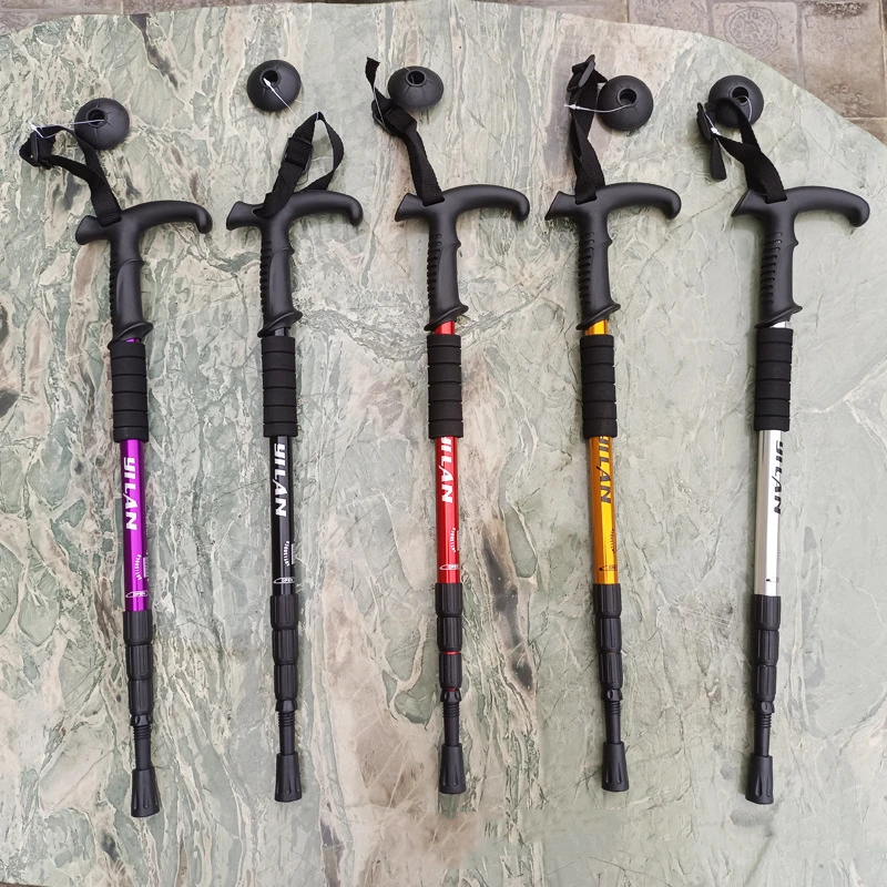 Mountaineering Cane Made of Aluminum Alloy, Convenient Telescopic Cane, Shock Absorber, Straight Handle Cane, Hiking Cane