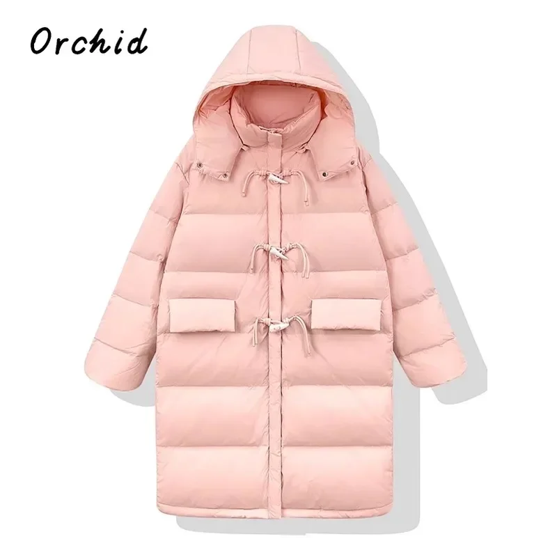 Korean Casual Style Basics Single Breasted Jacket 2024 Winter Women Hooded Outerwear Parkas Fashion Warm Solid Lace-up Coat