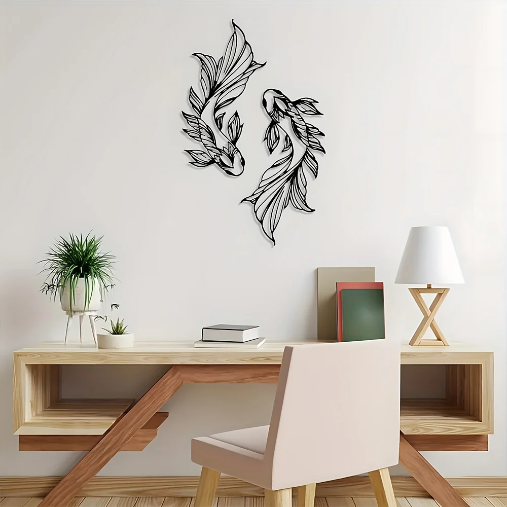 2pcs Koi Metal Wall Art, Fish School Home Interior Wall Decoration, Living Room Metal Wall Art Decoration