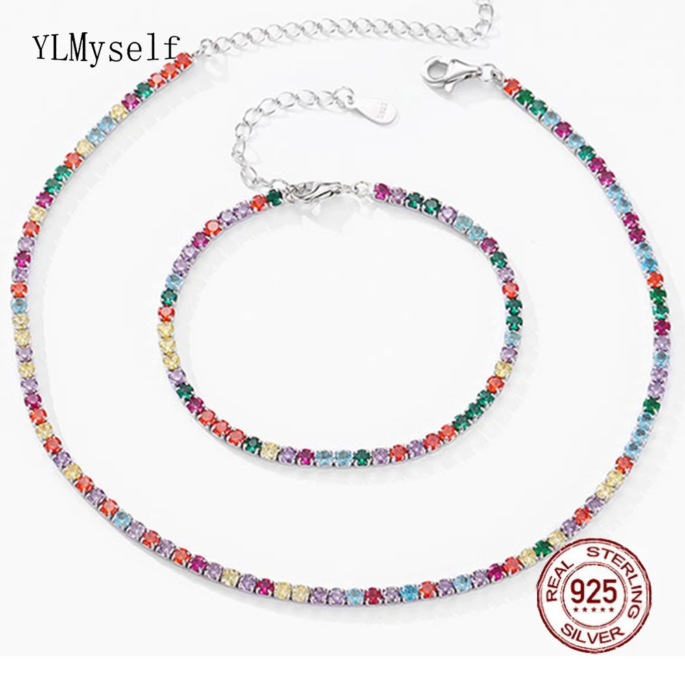 

Full 2.5 mm Random Multiple Cubic Zircon Sweet Fine Jewelry Real Silver Rainbow Choker Necklace+ Bracelet Tennis Chain Sets