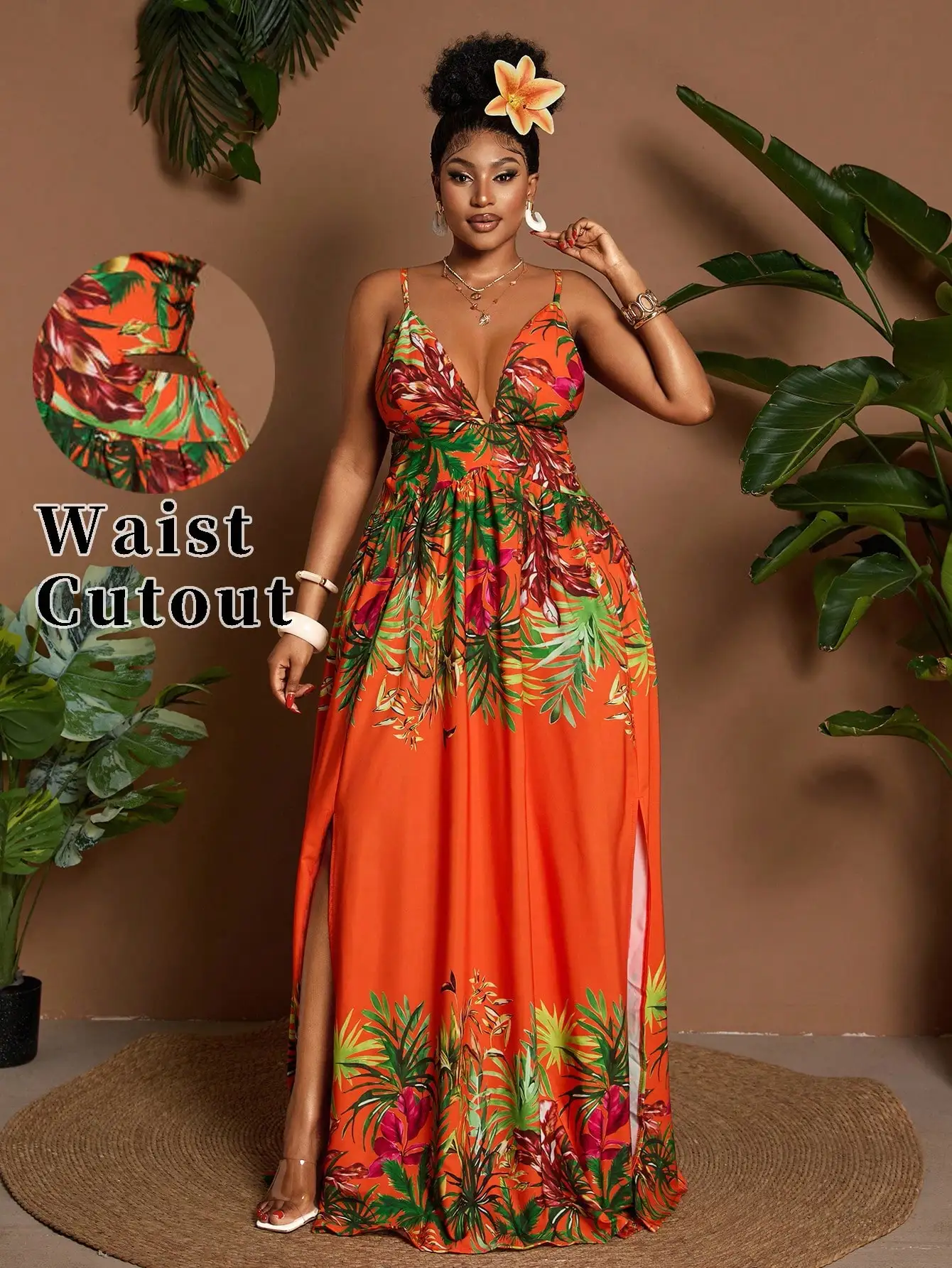

Платье макси больших размеров с V-образным вырезом, без рукавов, с тропическим принтом и вырезом на талии