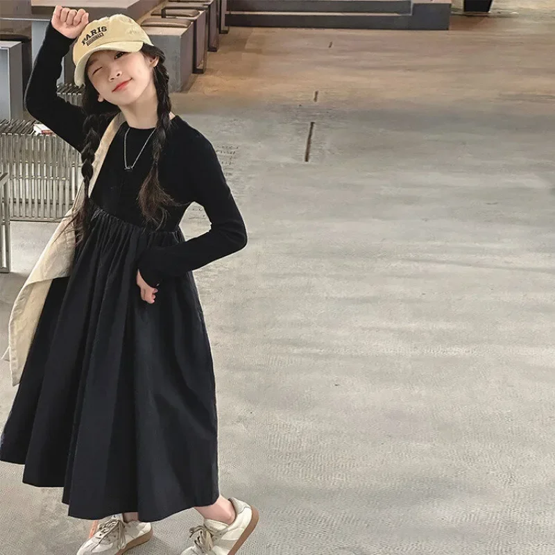 

Girls' Autumn Dress Children's Long Skirt Large Skirt Hem Knitted Patchwork Dress Children's Clothing Over 8 Years Old