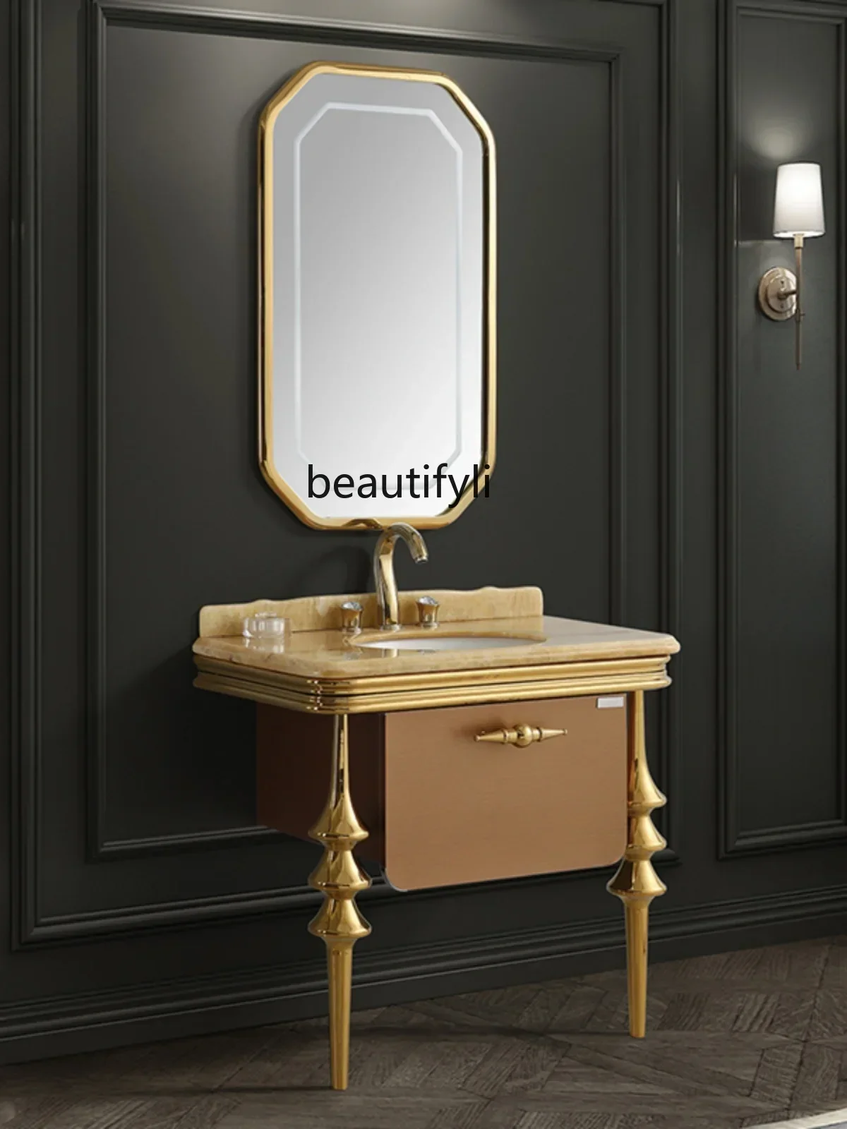 Stainless steel bathroom cabinet marble washstand smart mirror antique European washbasin