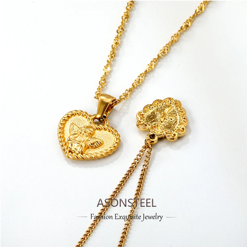 ASONSTEEL Waterproof Stainless Steel Angel Love Heart Shaped Series Pendant Necklace For Women Gold Plated Fashion Jewelry Party