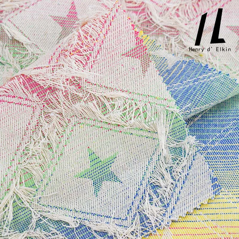 

New style Tassel gradient rainbow color star jacquard denim fabric flower cut plaid clothing Textile fabric