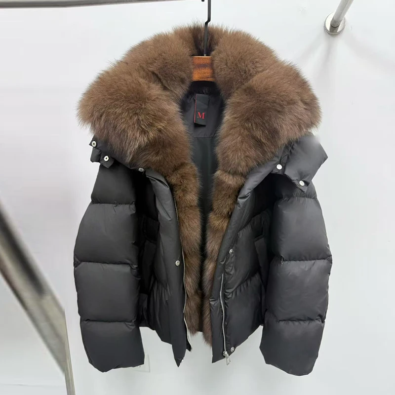 

Winter Thiened ort White Goose down Jaet Women's Fur Collar Detachable Sve Coat Warm Commuter Sle Korean Version