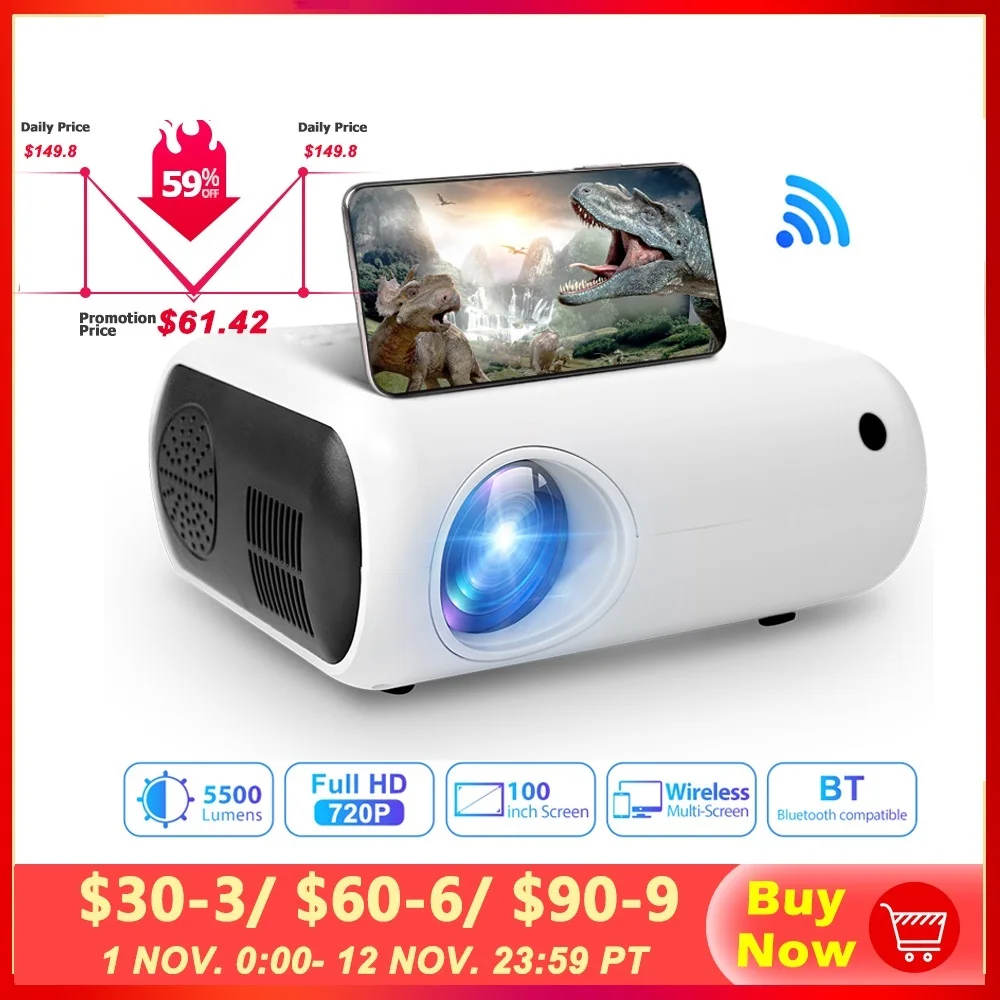 Top Mini WIFI Projector for Home For HD 1080P 5500-Lumen Bluetooth-compatible Video Projector Smart Home Beamer Cinema PG400