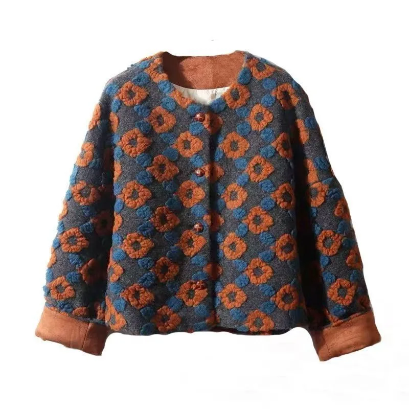 Women's Clothing Autumn Winter Coat Sweatshirt New Retro 3D Flowers Charm Loose Zipper Cardigan Coats Streetwear Short Jacket