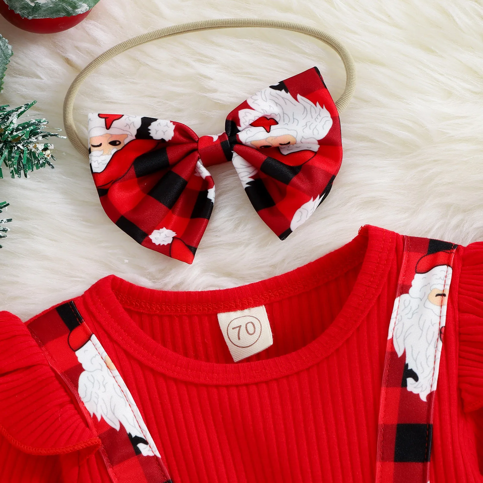 Christmas Romper For Infant Girls Ruffles Long Sleeve Plaid Santa Claus Prints Bowknot Newborn Bodysuits Headbands Set Xmas Gift