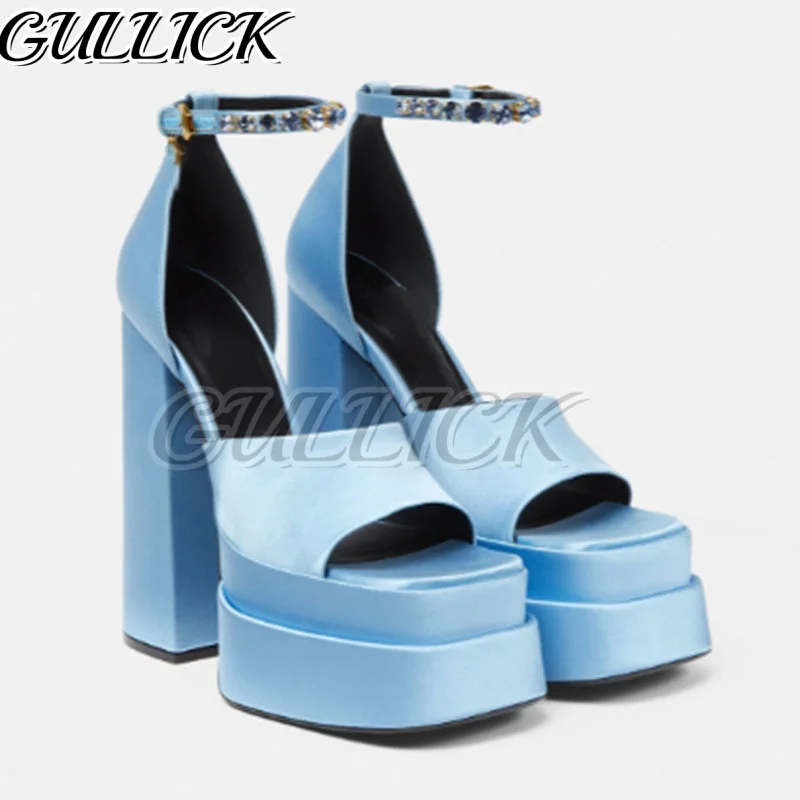 

Rhinestones Satin Heeled Sandals Blue Heels Platform Buckle Strap Summer Women Luxury Designer Shoes Chunky Heel Sandalias 2025