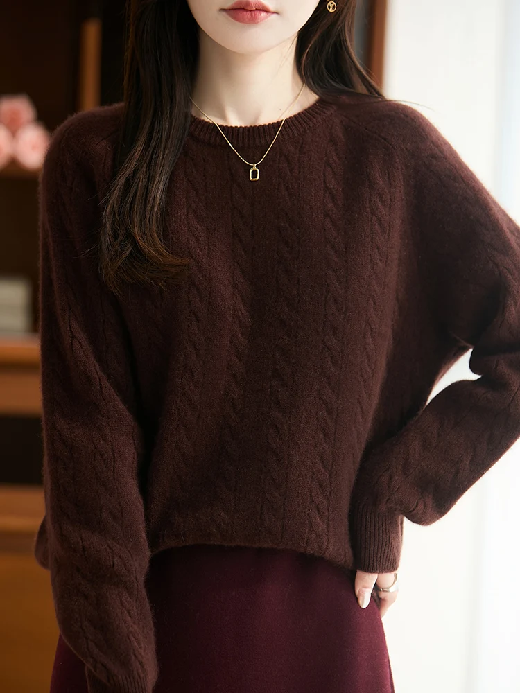 سترة تريكو من صوف ميرينو 100% بلوفر نسائي برقبة دائرية للخريف والشتاء من الصوف الخالص بأكمام طويلة ملابس شعبية مريحة