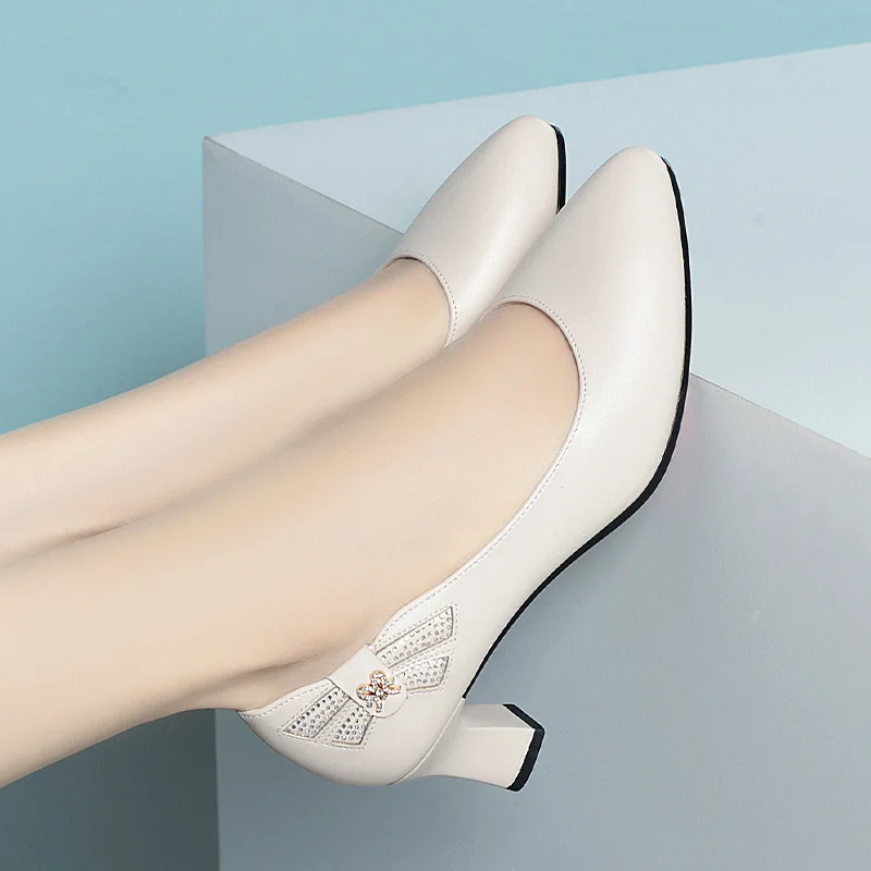 5cm todos os jogos antiderrapante boca rasa preto med bloco sapatos de salto 2025 primavera sapatos de couro macio feminino trabalho de escritório mãe