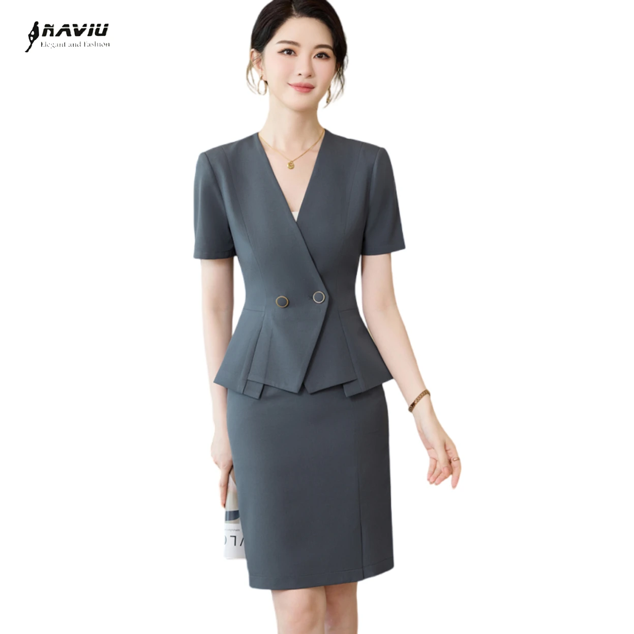 

NAVIU Элегантный женский комплект из двух предметов: профессиональный формальный приталенный пиджак с коротким рукавом и юбка для офиса, деловая одежда для женщин