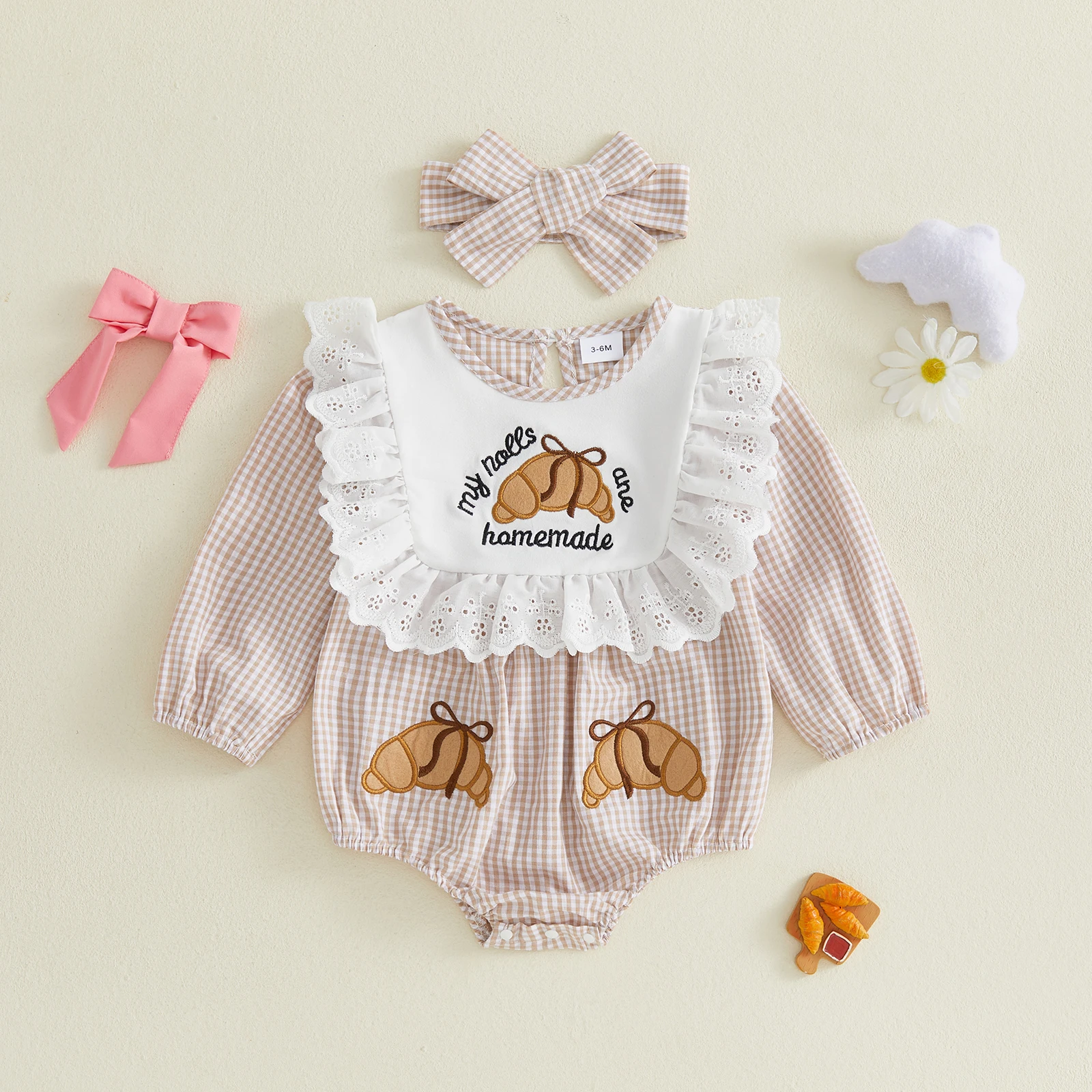 Baby Girl Thanksgiving Romper Letter Croissant Embroidery Plaid Print Short Sleeve Infant Bodysuits Jumpsuits with Headband