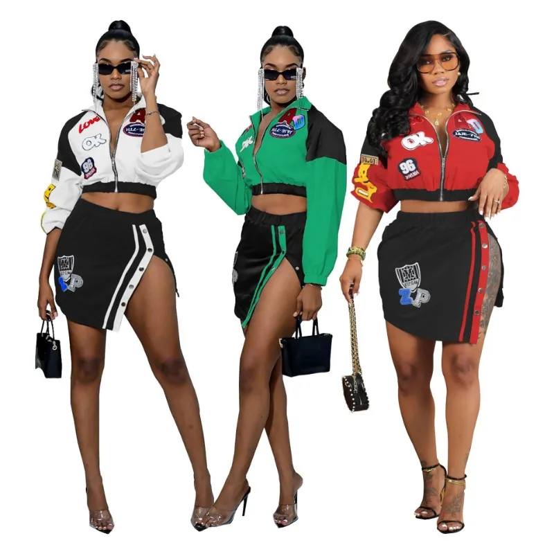 Digital Printed Long Sleeve Zipper Short Jacket Button Split Mini Skirt 2023 Autumn Winter Two Piece Set for Women Streetwear