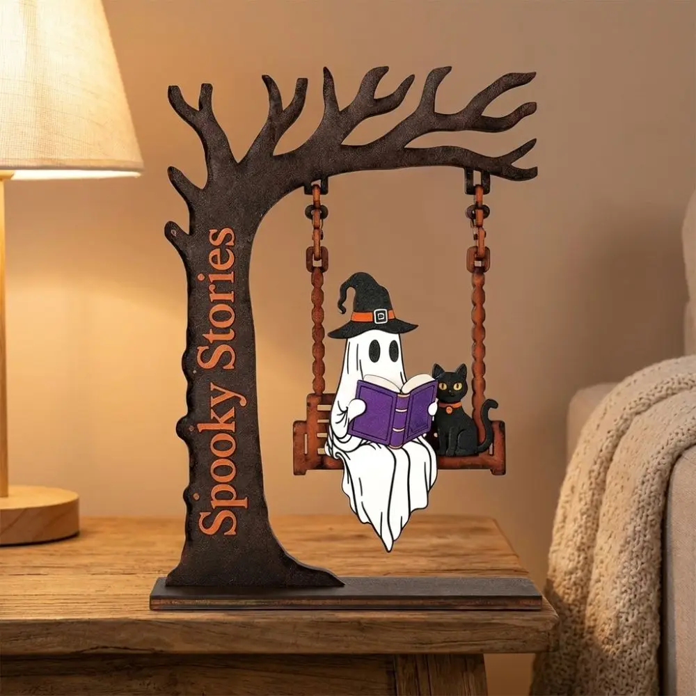 Hand Carved Reading Ghost Swing Ornament Dark Style Spooky Dead Tree Ghost Bookshelf Sign Vintage Fall Themed