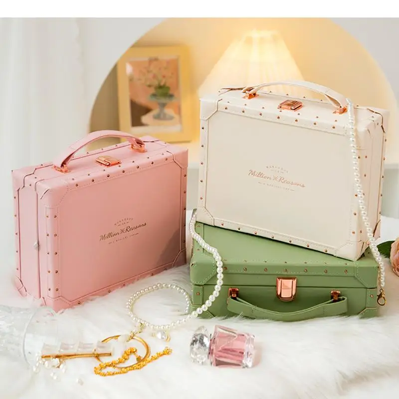 

PU Storage Box with Mirror Home Furnishing Rectangle Jewelry Cosmetic Boxes Room Portable Organizing Containers