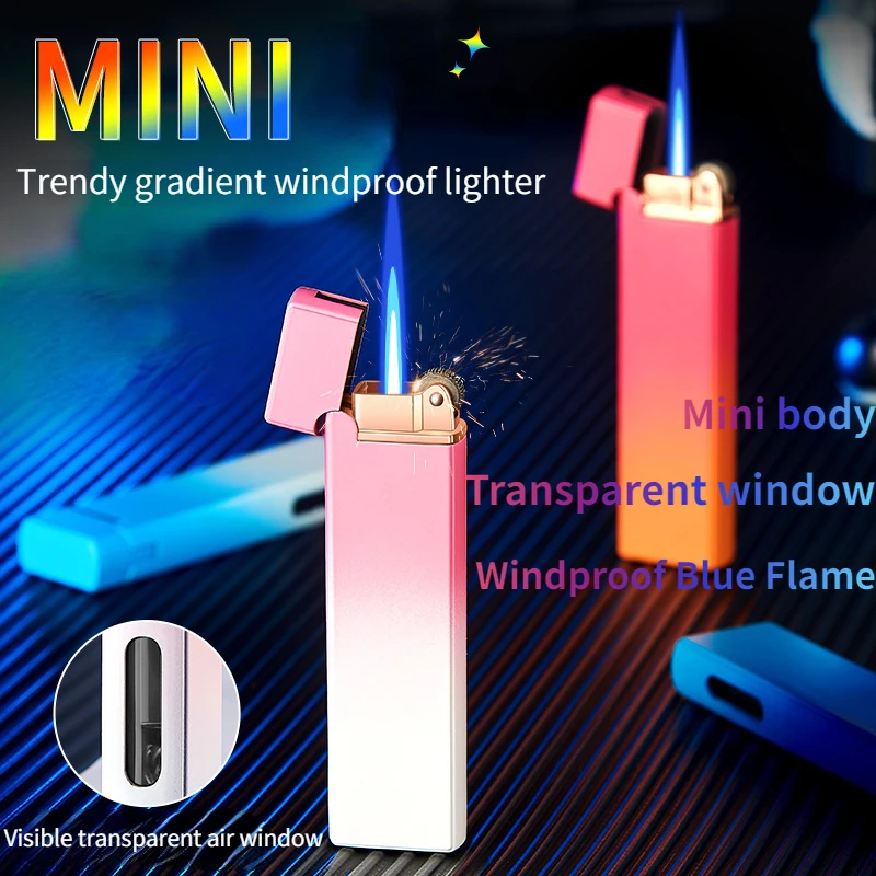 

Newest Men's Trendy Metal Portable Gradient Straight Windproof Lighter Mini Body Grinding Wheel Ignition Transparent Air Window