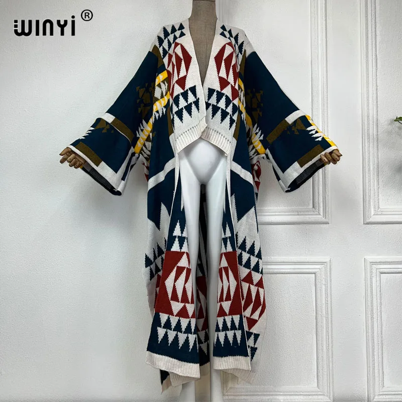 WINYI 2023 NEW woman Winter Knitted cardigan MAXI Christmas Fashion hipster party dress Thick Warm Female jacket ABAYA long coat