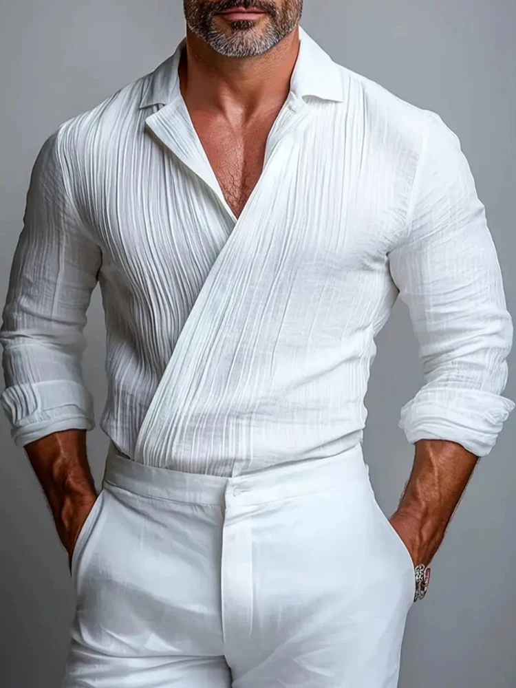

Элегантные мужские приталенные рубашки с длинным рукавом, с запахом и перекрестным воротником, винтажные однотонные текстурированные рубашки для мужчин, весна-осень