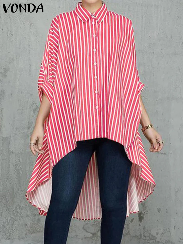 

Plus Size VONDA Women Elegant Shirts Striped Printing Blouse 2025 Casual Turn-down Collar Tops Female Three Quarter Blusas Tunic