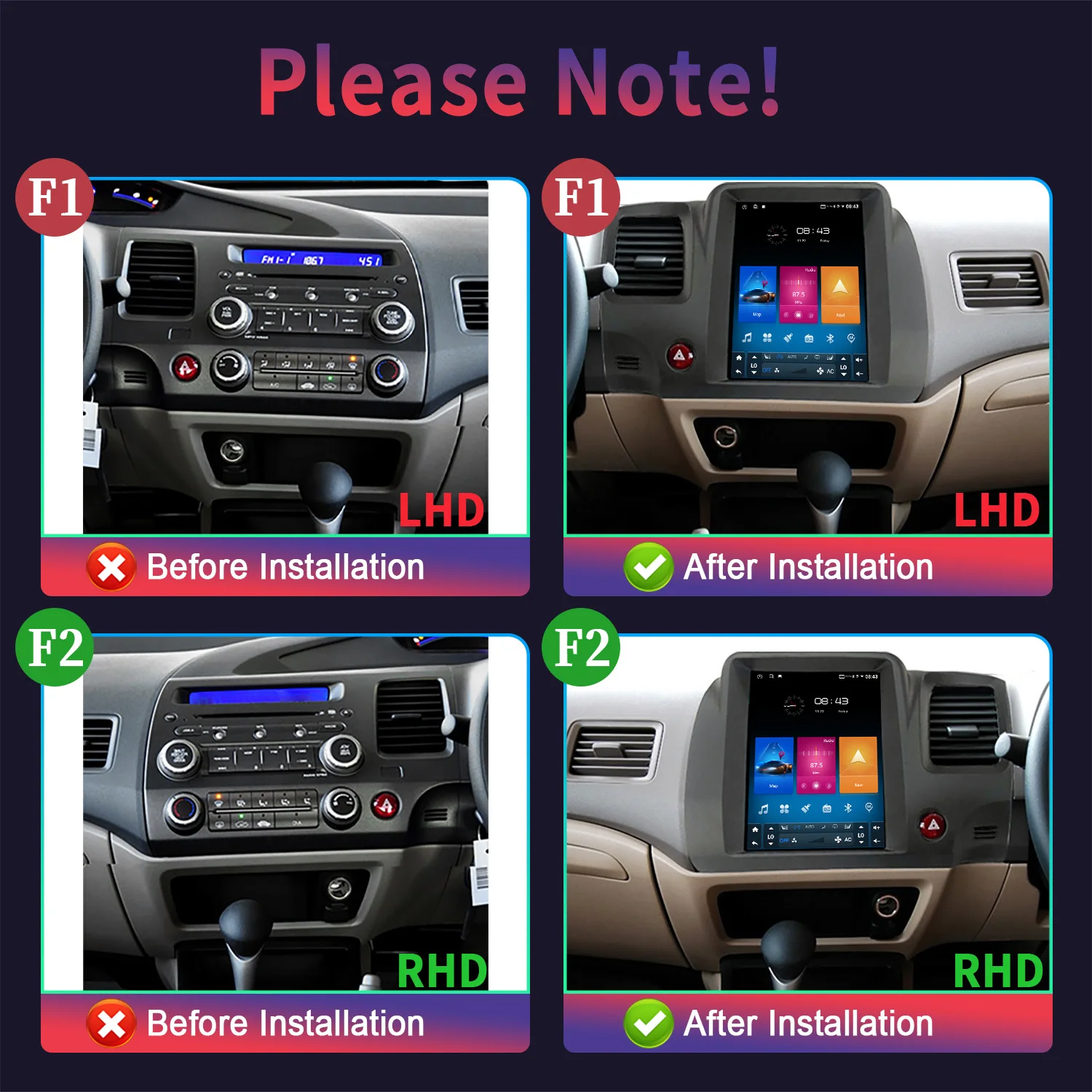 9.7inch Car Radio Multimedia Intelligent GPS Wireless Apple Carplay Touch Screen Android 14 For Honda Civic 2005-2012