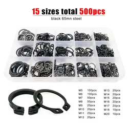 500 pz/scatola Tipo C Circlip Esterno Clip Snap Ring Mix 15 Formati M5 a M20 Kit Set per Cuscinetto Dell'albero di Fissaggio Nero 65mn Acciaio