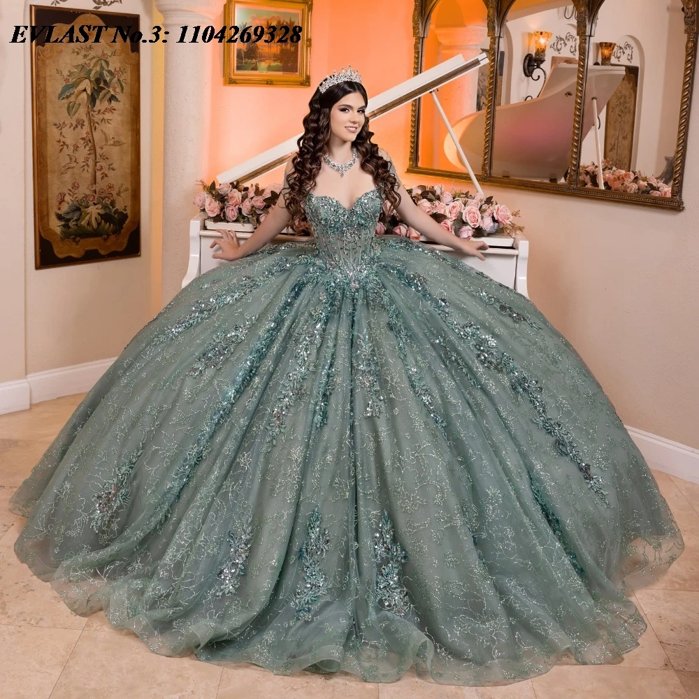 EVLAST Customized Mexican Blush Quinceanera Dress Ball Gown Shiny Lace Applique Beaded Tiered Sweet 16 Vestido De 15 Anos E3Q253