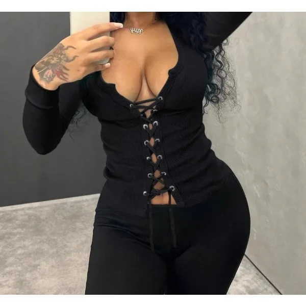 

Sexy Tops for Women 2025 Fall and Spring New Long Sleeve Square Collar Fashion Bandage Bodycon Large Tees T-shirts Streetwear