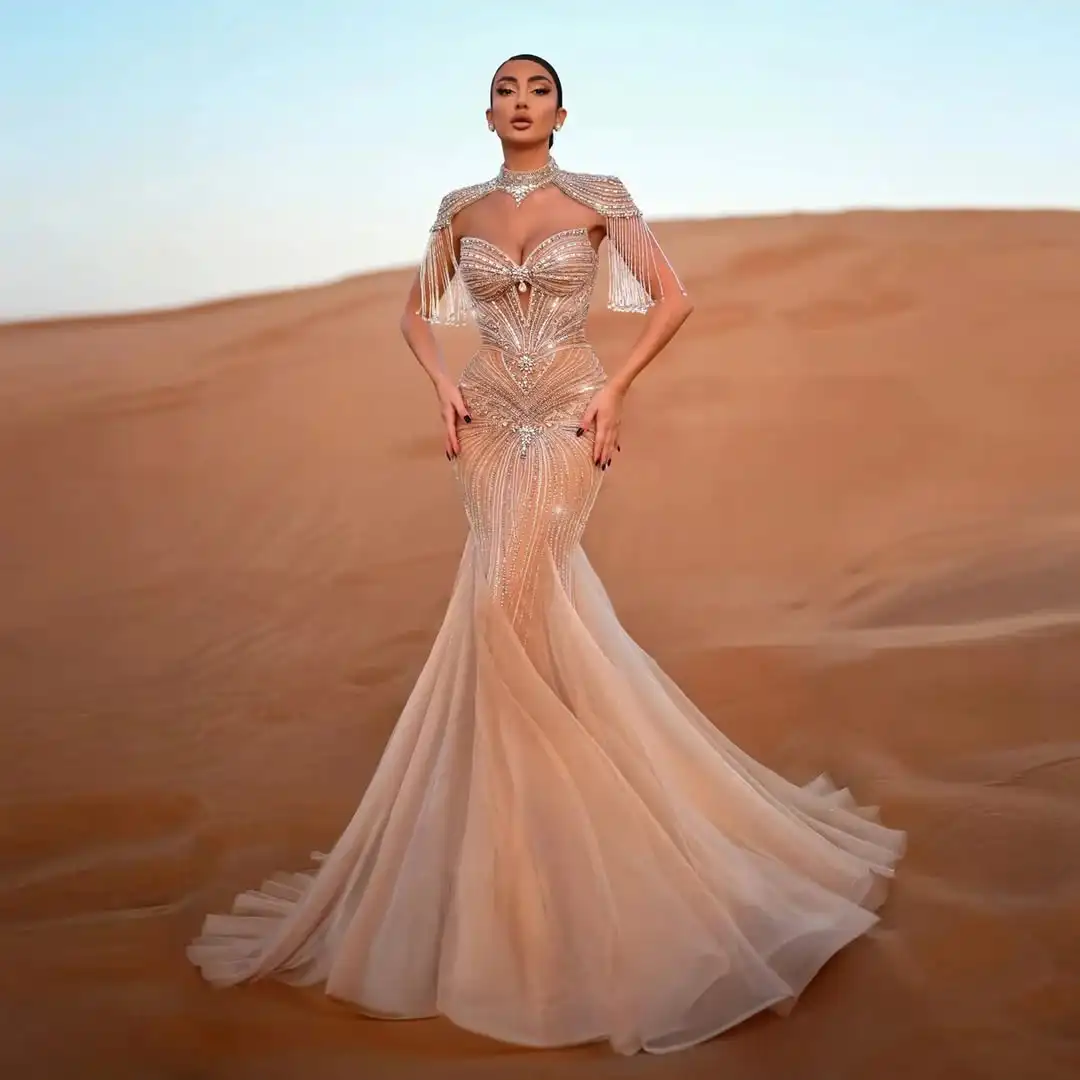 

Luxury Sparkle Trend Mermaid Halter Fringe Rhinestone Beaded Tulle Ruched Saudi Evening Prom Formal Party Dress