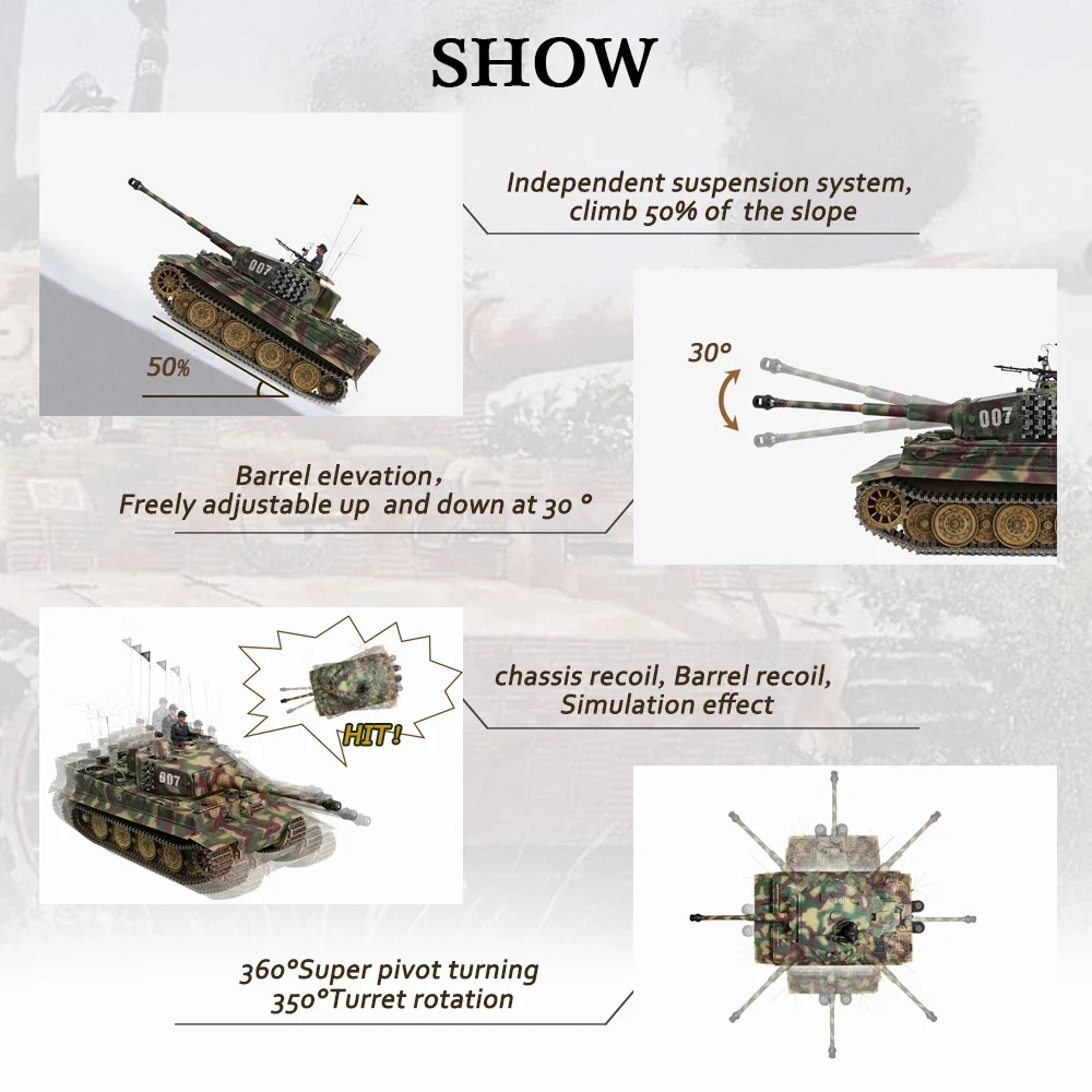 RC Metal Tank 1/10 Remote Control German Tiger Tank RTR World War II Heavy Tank Simulation Model Toys