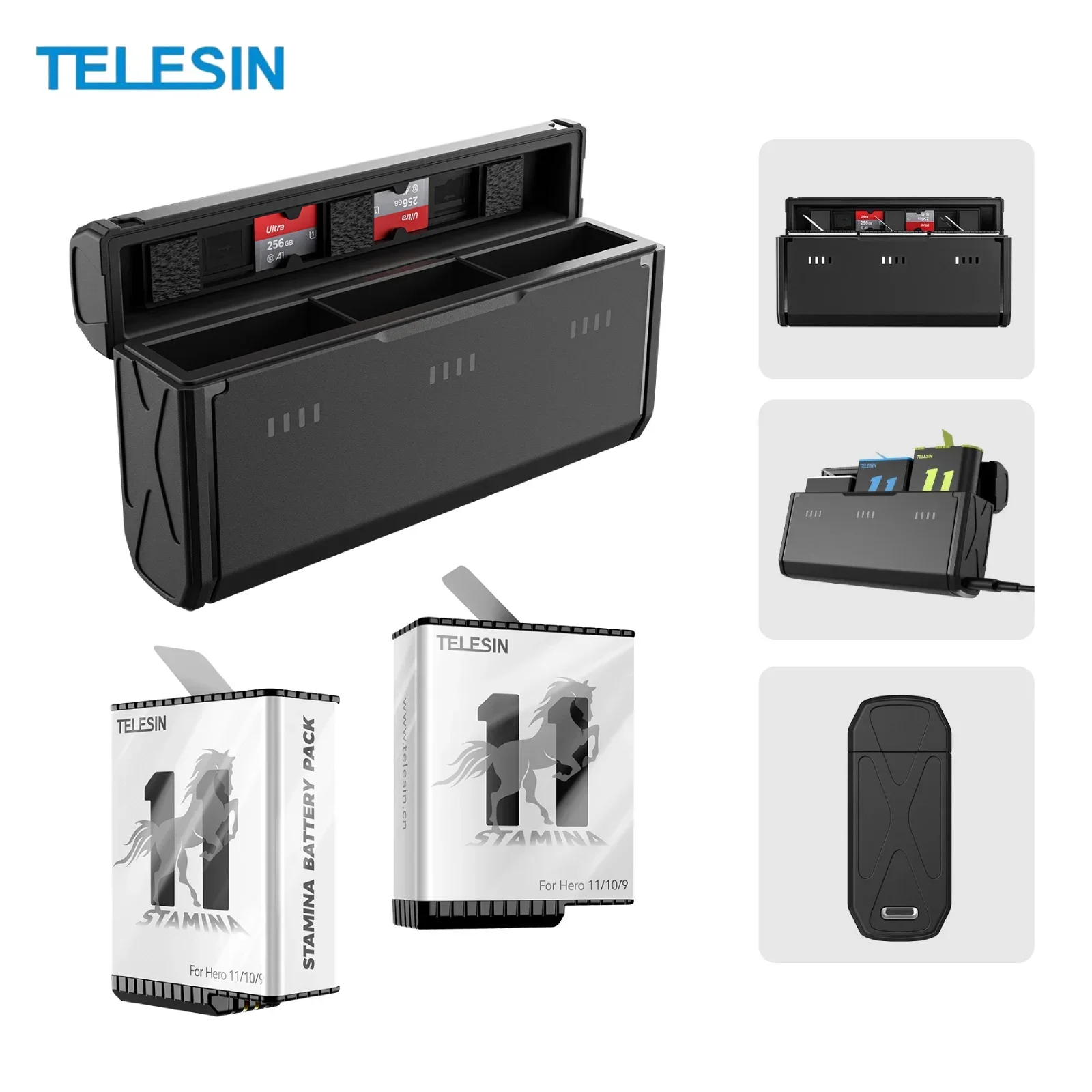 TELESIN Enduro Battery + Quick Charging Case Set for Go Pro Hero 12 11 10 9 TF Card Storage 3 Ways Charger Box GoPro Accessories