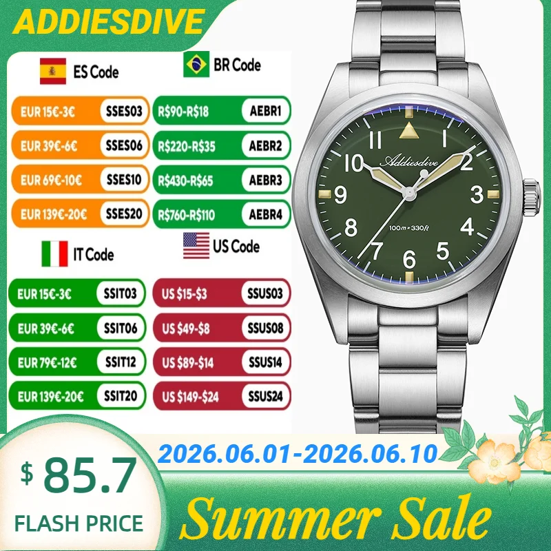 ADDIESDIVE Titanium Alloy Bubble Mirror Glass Couple's Watches 36MM 10Bar Waterproof Super Luminous Quartz Couple's Wristwatches