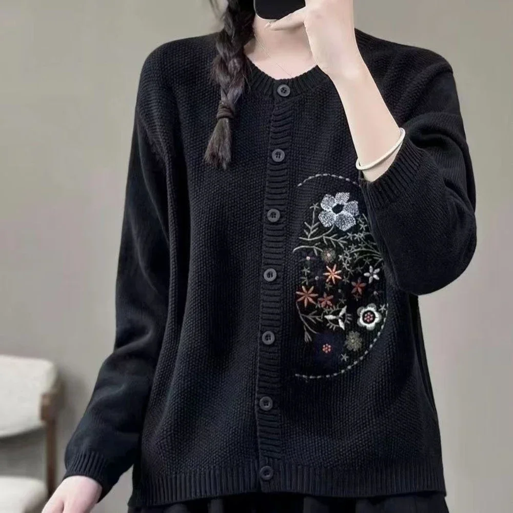 Knitted Top for Women Round O Neck Ladies Sweaters Embroidered Cardigan Purple New Knitwear Tall Tops in Autumn Winter 2024 Cold