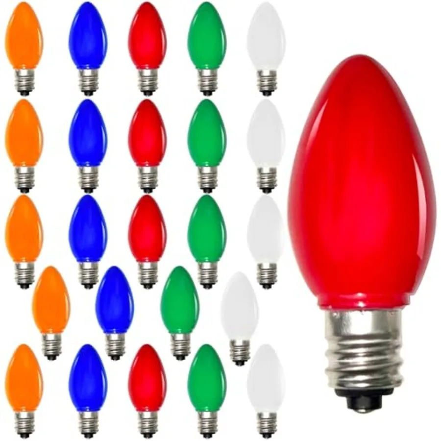 

25 Pack C7 LED Multi-Color Christmas Replacement Bulbs C7 Plastic Outdoor String Light Replacement LED Bulbs, C7/E12 Candelabra