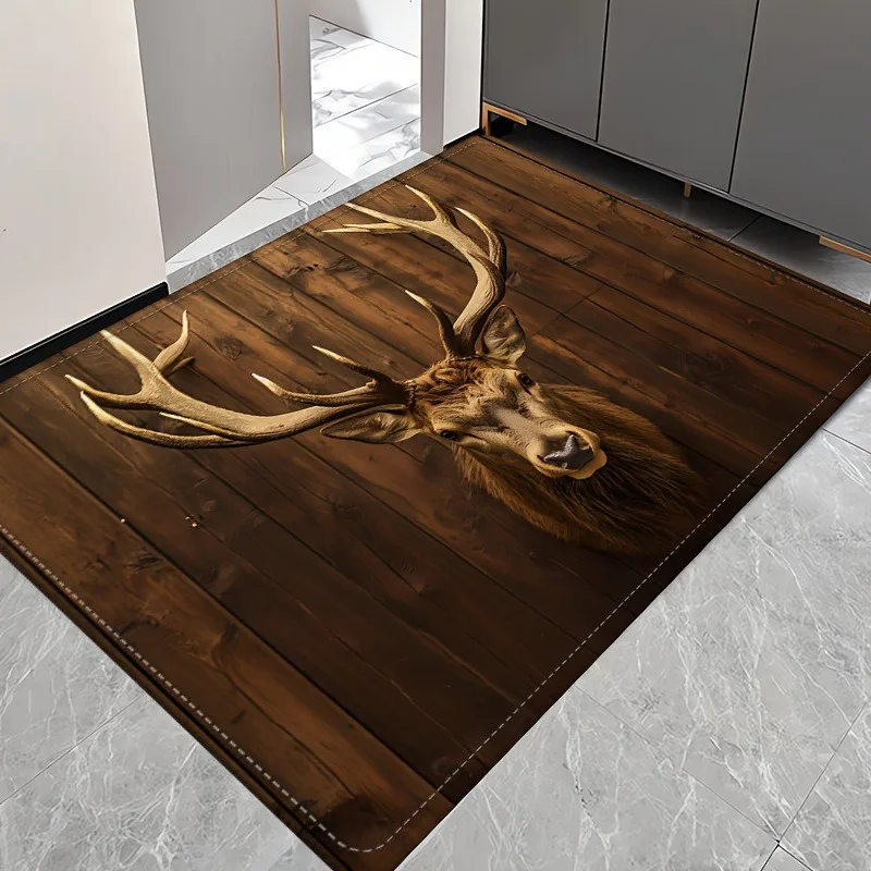 Wood Deer Print Doormat Non-Slip Rugs for Living Room Bedroom Kitchen Laundry Mat Machine Washable Home Decor Carpet