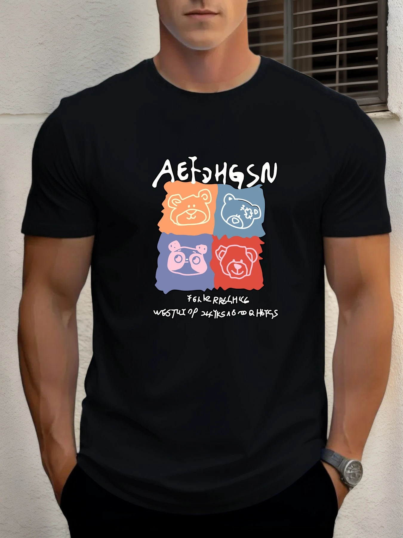

T Shirts For Men Bear 100% Cotton Graphic Printing Summer Round Neck T-Shirt Casual Breathable Street Style Daily Top