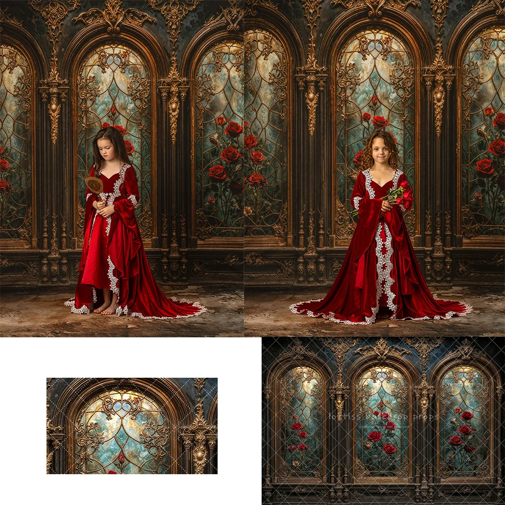 arriere-plan-de-fenetre-de-rose-enchantee-accessoire-de-gateau-d'anniversaire-pour-bebe-photographie-d'enfant-texture-metallique-doree-arriere-plan-mural