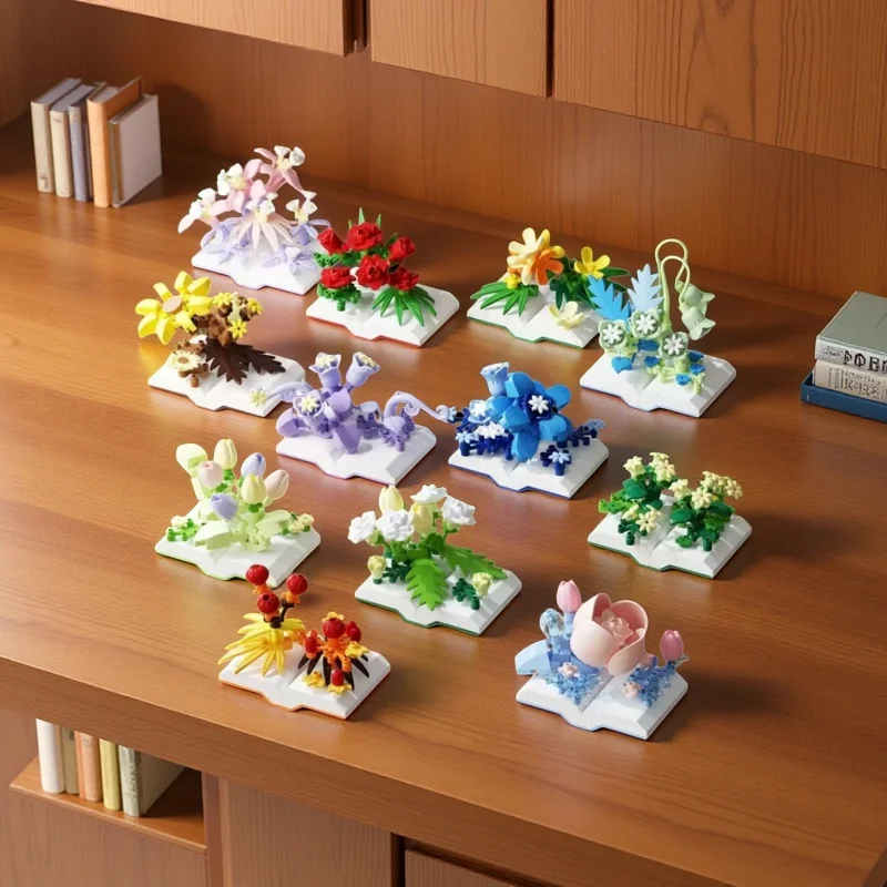 12 Styles Book Flower Building Block Set 83-120PCS Cool Fun Assembly Perfect Study Bedroom Decor Toy
