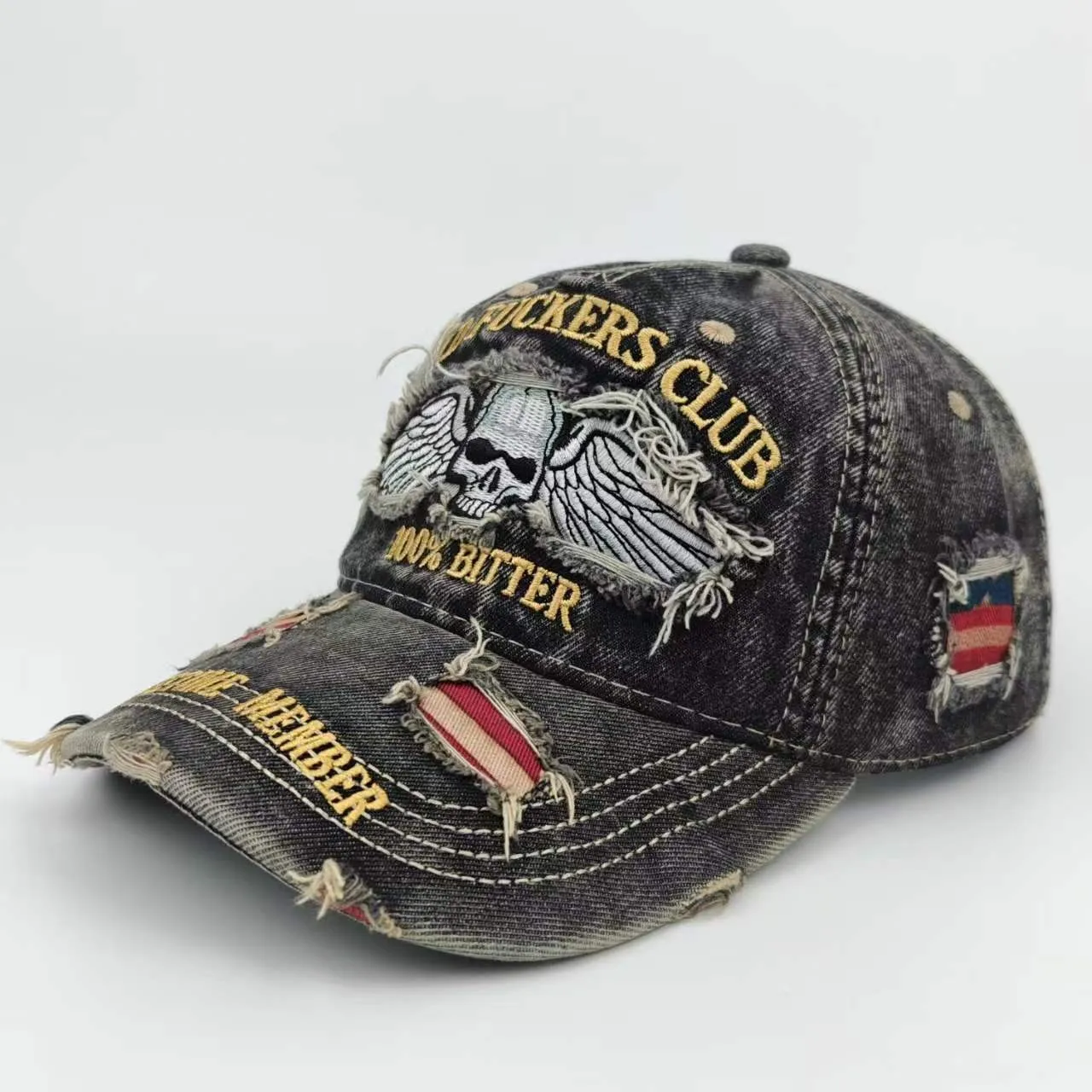 Washed Vintage Distressed Denim Baseball Cap with Heavy-Duty Skull Embroidery, Frayed Edges, Ripped Design, Soft Top, Men's Biker Style Duckbill Cap