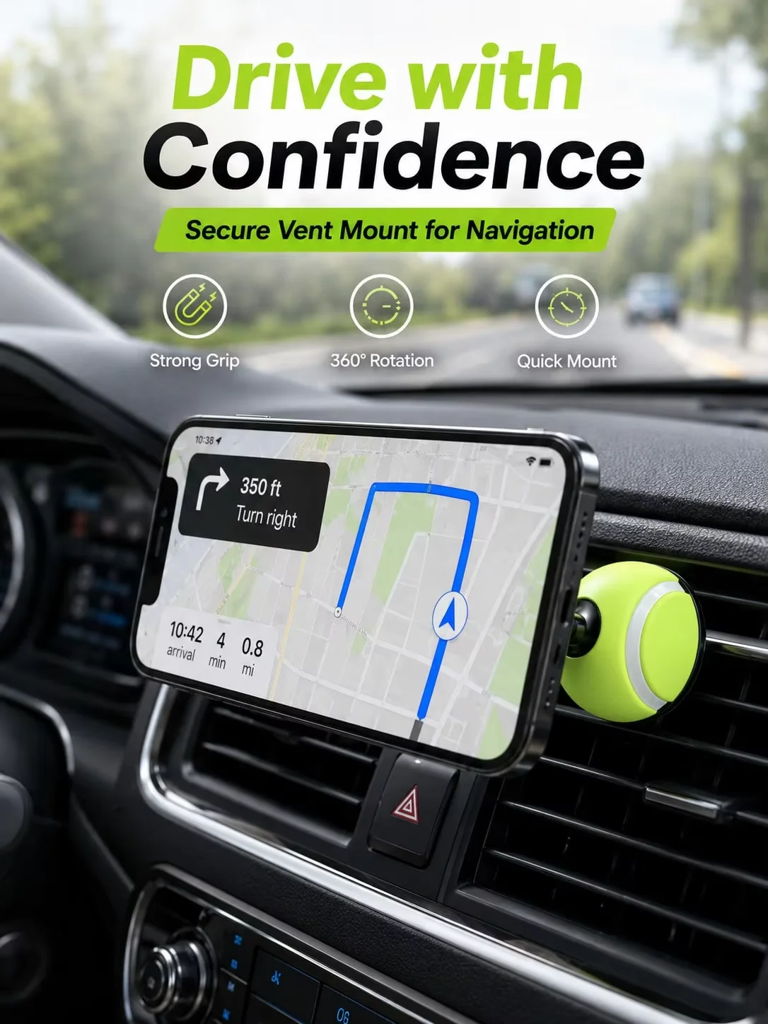 2‑in‑1 Tennis Ball Magnetic Phone Mount, Car Vent & Outdoor Clip‑On Holder, 360° Rotation for Navigation & Sports Vlogging