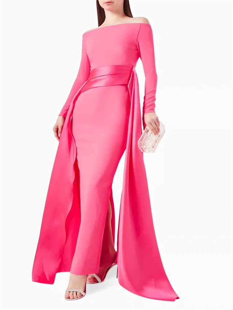 Hot Selling Boat Neckline Long Sleeves Crepe Straight Evening Dress Back Zipper Floor Length Draped Side Panels Gowns For Women