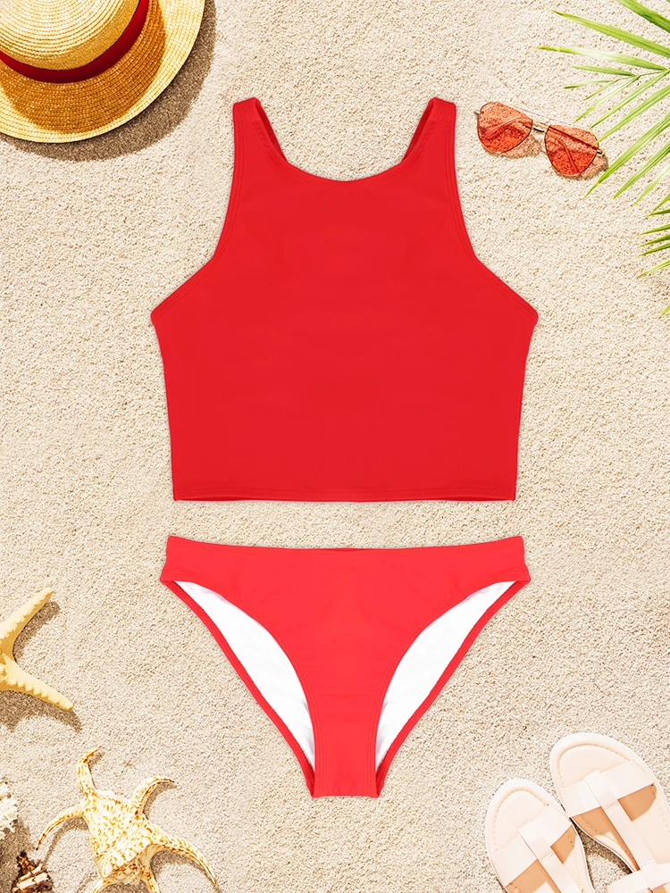 

2Pcs Sexy High Waist Swimwear Vest Briefs Swimsuit Women's Suit Split Swimsuit Summer Solid Color Beach Swimsuit 2025 New