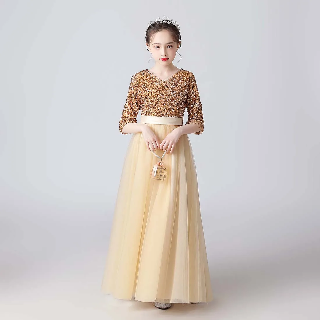 YZYmanualroom Glitter Sequins Long Sleeves Flower Girls Dresses For Wedding Tulle Birthday Party Christmas Dress For Girl