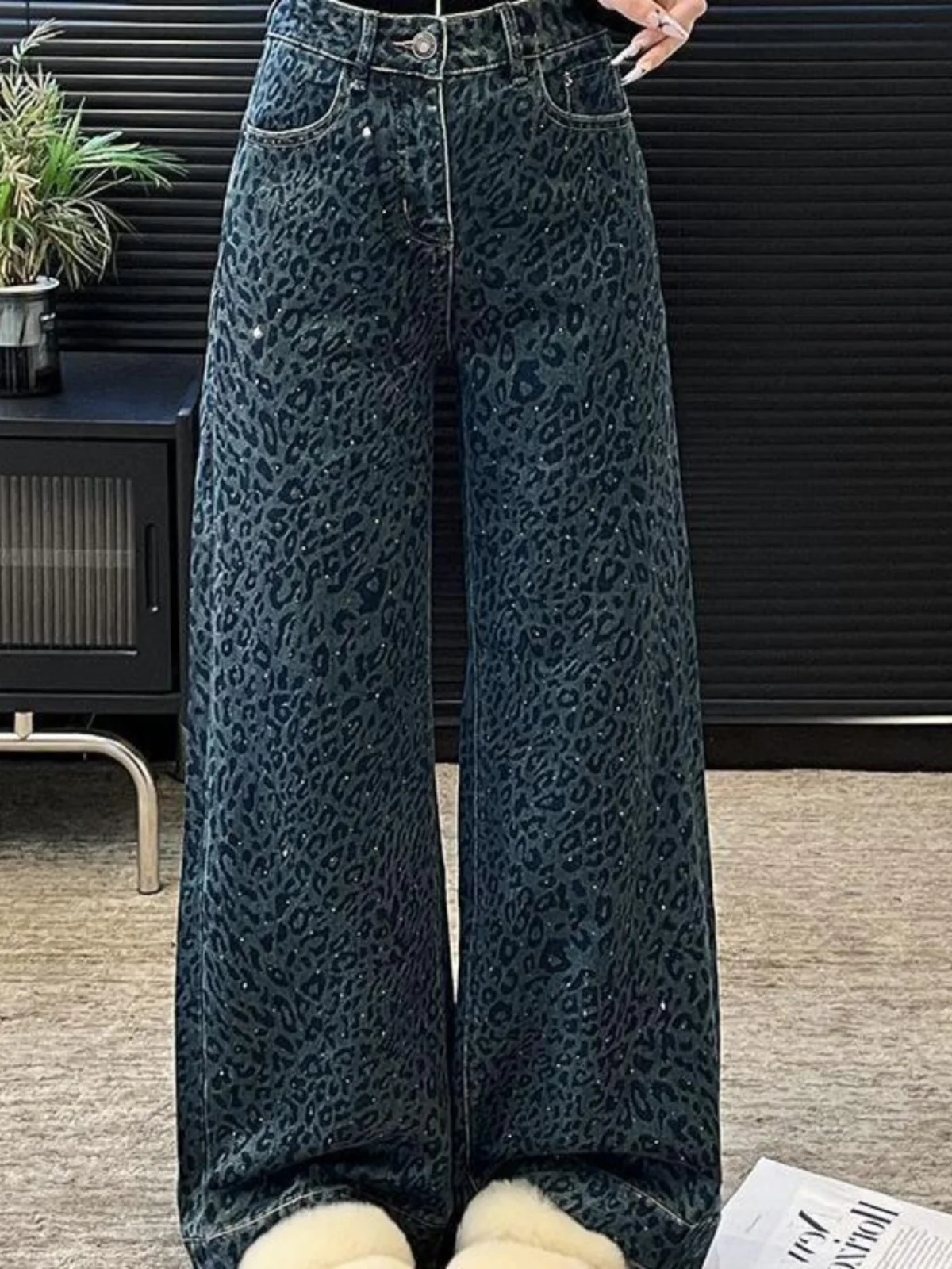 

Ретро джинсы с высокой талией и широкими штанинами, женские, весенние, новые, модные, свободного прямого кроя, с декором из страз, повседневные длинные брюки